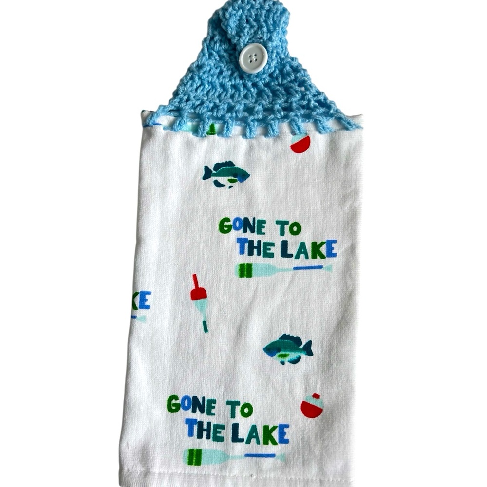 HAND CRAFTED Crocheted Top Hanging Kitchen or Bathroom Hand Towel Lake Towel